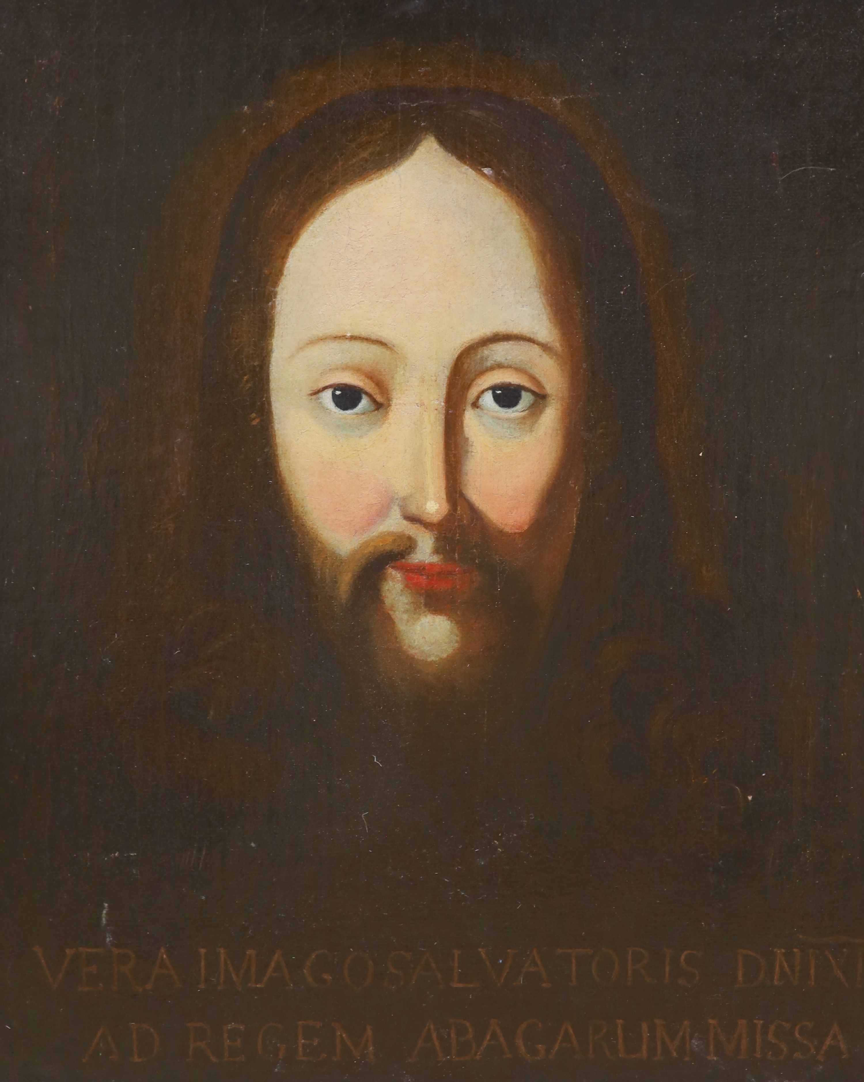 17th century Spanish School. head of Christ, oil on canvas, inscribed, 20